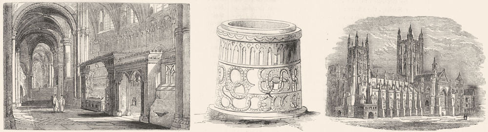 CANTERBURY. Font; Cathedral, before Tower was rebuilt 1845 old antique print